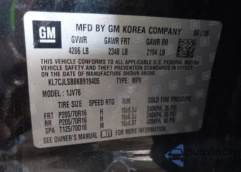 2019 Chevrolet Trax Lt z USA, uszkodzony, nr VIN KL7CJLSB8KB919405